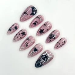 Alternative view of Mystic Winter Cat Press On Nails | Holiday Chrome Pink Nails | Cute Bow & Stars Nail Art