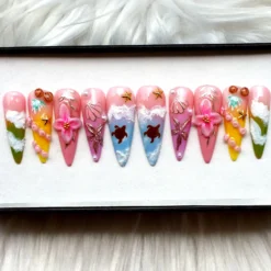 Tropical Escape Press On - Trendy 3D Fun Fake Nails, Reusable Y2K Nail Set V319