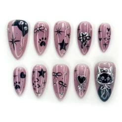 Mystic Winter Cat Press On Nails | Holiday Chrome Pink Nails | Cute Bow & Stars Nail Art