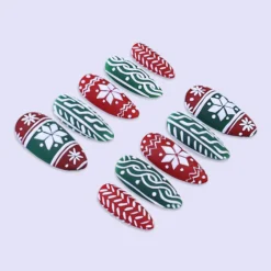 Alternative view of Christmas Sweater Press On Nails with Red & Green | Medium Almond | Handmade Holiday Nail Art