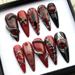 Alternative view of 3D Red-necked Keelback Nails - Dark Red Stiletto Nails Set, Goth Gothic Fake Nail V329