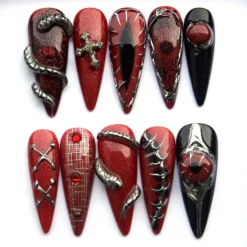 3D Red-necked Keelback Nails - Dark Red Stiletto Nails Set, Goth Gothic Fake Nail V329
