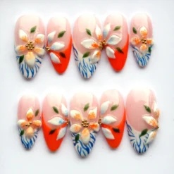 Autumn Flowers Dream Press On - Floral 3D Fake Nails, Y2K Style Short Nail V330