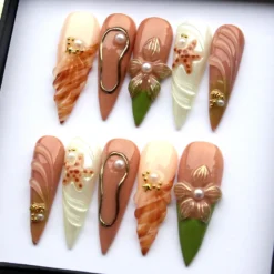 Alternative view of Poseidon's Gift Sea Flowers Press On Nails - Brown 3D Stiletto Floral Nail Set V332