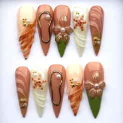 Poseidon's Gift Sea Flowers Press On Nails - Brown 3D Stiletto Floral Nail Set V332