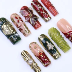 Alternative view of Christmas Press-On Nails with 3D Flowers, Christmas Tree & Celestial | Long Square Fake Nails | Handmade Luxury Holiday Nail Art