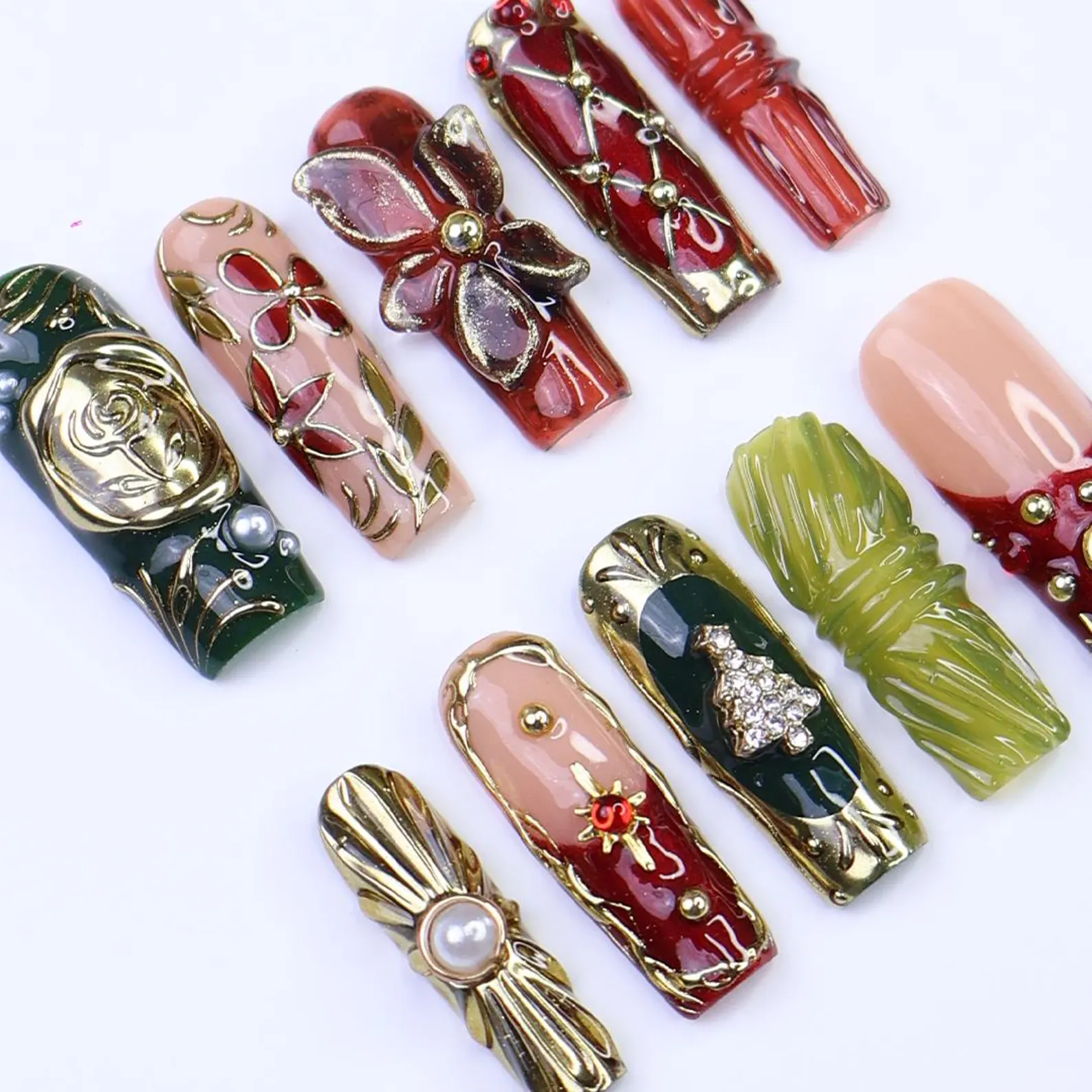 Christmas Press-On Nails with 3D Flowers, Christmas Tree & Celestial | Long Square Fake Nails | Handmade Luxury Holiday Nail Art - Image 2