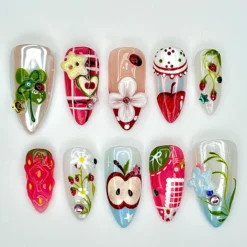 Handcrafted Apple Strawberry Press On Nails | Cute Picnic Press Ons | Red Gingham Cottagecore Nails | Kawaii Nature Press Ons