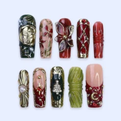 Christmas Press-On Nails with 3D Flowers, Christmas Tree & Celestial | Long Square Fake Nails | Handmade Luxury Holiday Nail Art
