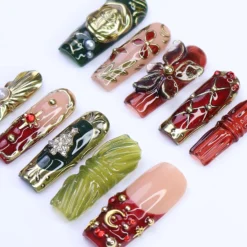 Alternative view of Green Royal Theme Medium Square Press On Nail - Luxurious 3D Chrome Nail Art for Holiday, Birthday
