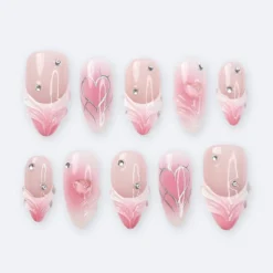 Pink Valentine Press On Nails | 3D Sculpted Heart & Chrome Line Art | Nude Ombre Fake Nails in Medium Almond | Reusable Handmade Nail Set