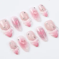 Alternative view of Pink Valentine Press On Nails | 3D Sculpted Heart & Chrome Line Art | Nude Ombre Fake Nails in Medium Almond | Reusable Handmade Nail Set