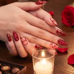 Alternative view of Ruby Kiss Valentine Press On Nails | 3D Heart Valentine Long Nails | Red Pink Ribbon Nail Art | Luxury Love Statement Set