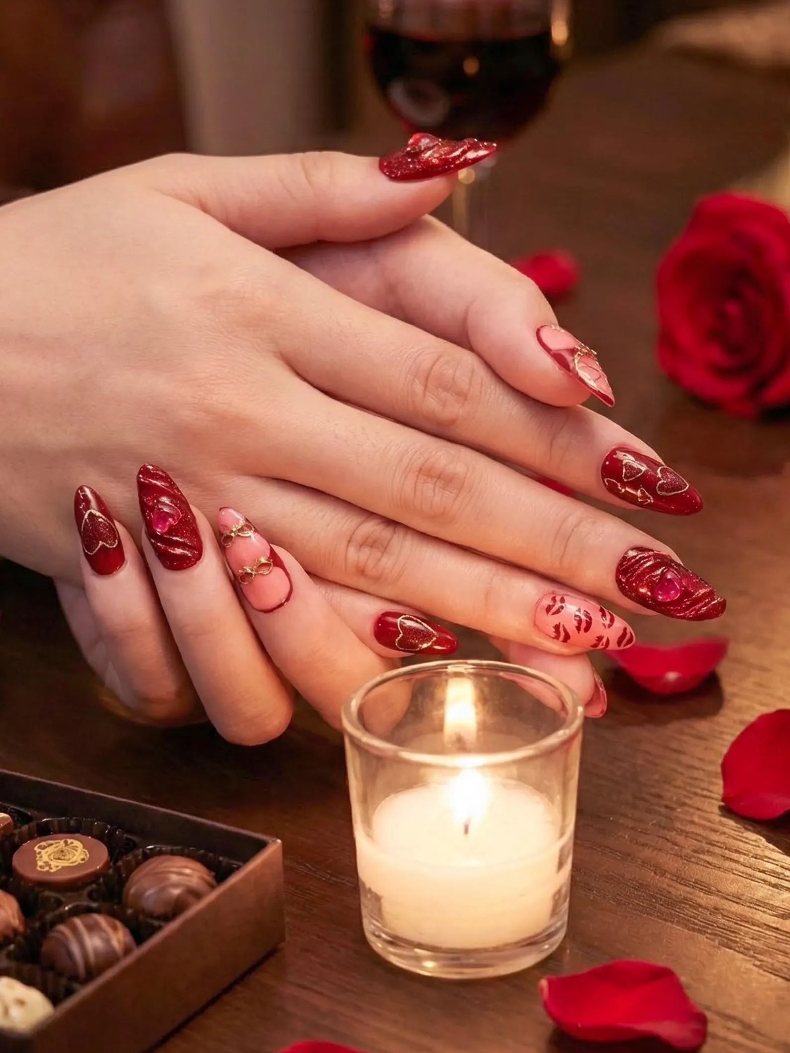 Ruby Kiss Valentine Press On Nails | 3D Heart Valentine Long Nails | Red Pink Ribbon Nail Art | Luxury Love Statement Set - Image 2