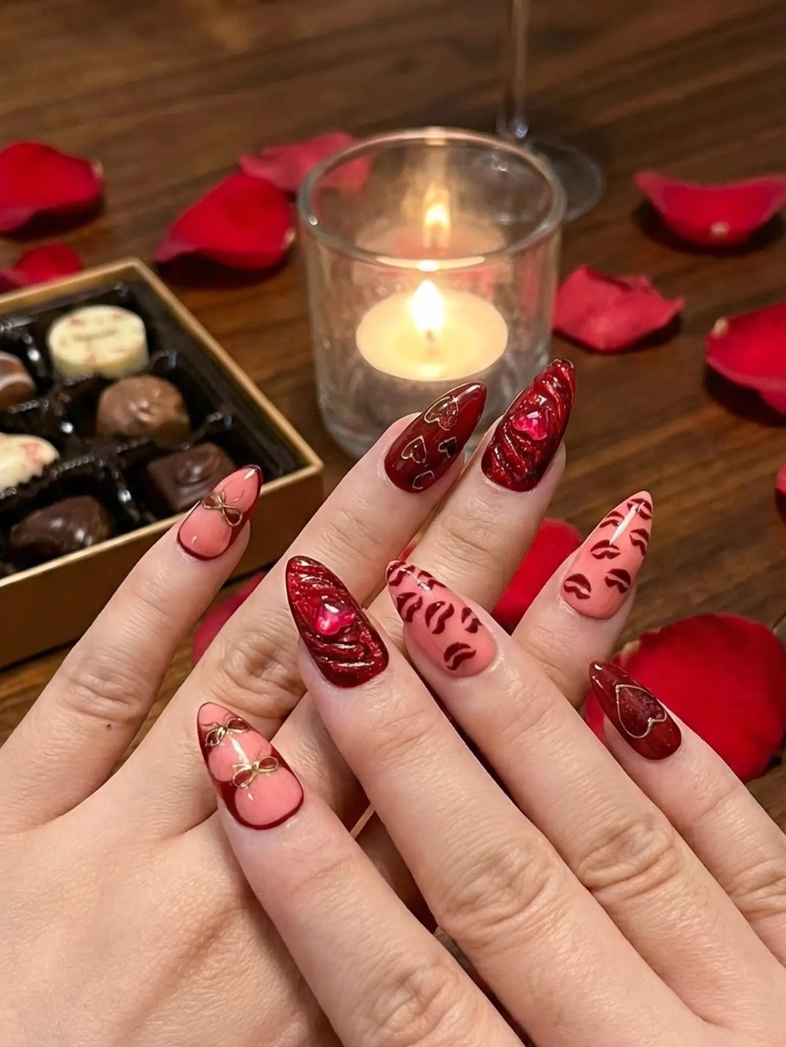 Ruby Kiss Valentine Press On Nails | 3D Heart Valentine Long Nails | Red Pink Ribbon Nail Art | Luxury Love Statement Set - Image 3