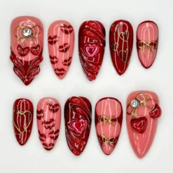 Ruby Kiss Valentine Press On Nails | 3D Heart Valentine Long Nails | Red Pink Ribbon Nail Art | Luxury Love Statement Set
