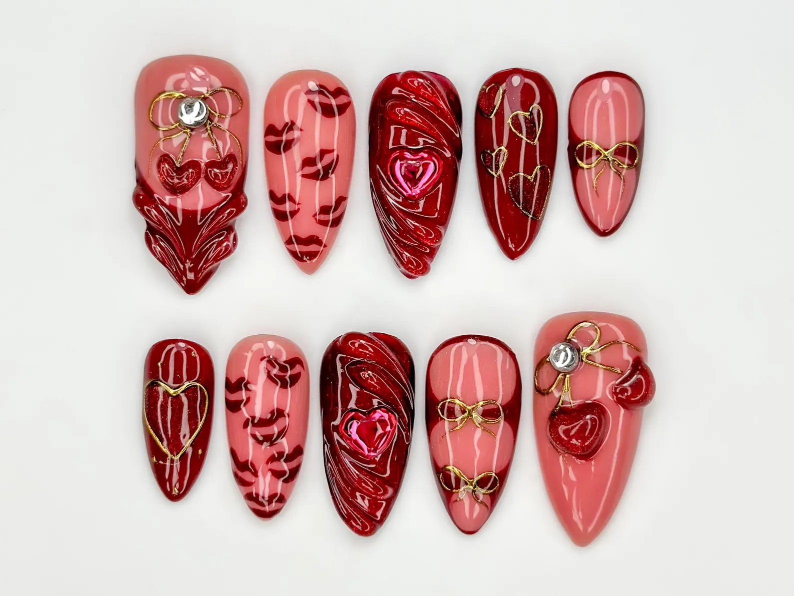 Ruby Kiss Valentine Press On Nails | 3D Heart Valentine Long Nails | Red Pink Ribbon Nail Art | Luxury Love Statement Set