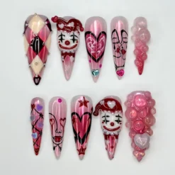 Valentine Clown Heart Press On Nails for Dark Romance Girls | Handmade Long Pink Chrome Fake Nails | Alternative Love Nail