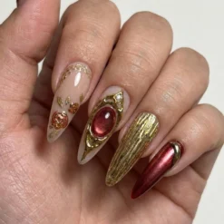 Alternative view of Burgundy Valentine Press On Nails for Romantic Woman | Red Wine Gold Nail for Date Nights | 3D Rose & Heart Nails for Girlfriends