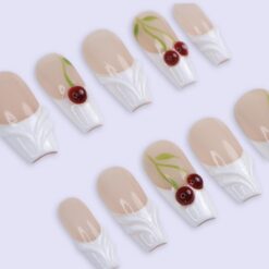 Alternative view of Cherry Press On Nails | Nude White Base with 3D Cherry Design | Coffin Fake Nails | Handmade Nail Art for Everyday Wear