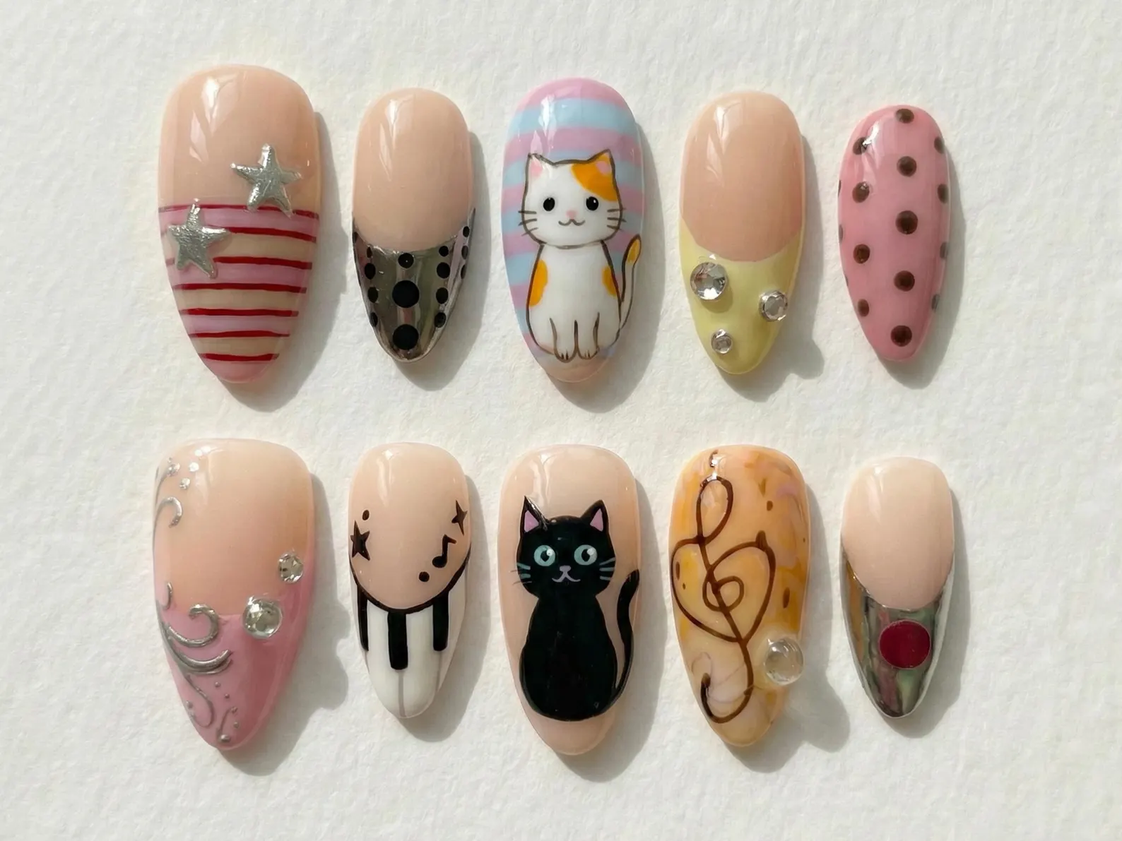 Cute Cat & Music Press On Nails for Cute Girls | Handmade Pastel Polka Dot Fake Nails | Silver Star Art Nail Set