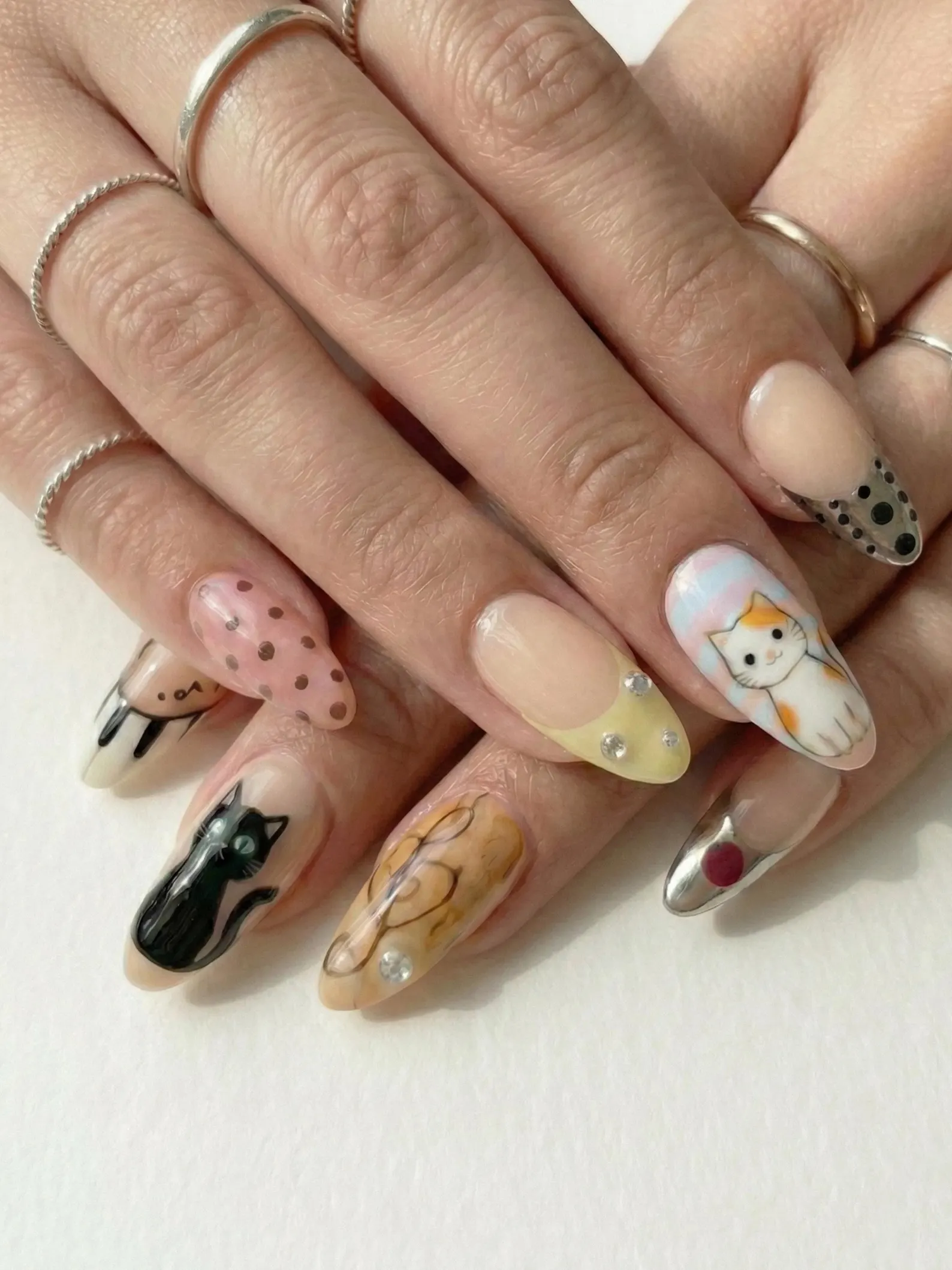 Cute Cat & Music Press On Nails for Cute Girls | Handmade Pastel Polka Dot Fake Nails | Silver Star Art Nail Set - Image 3