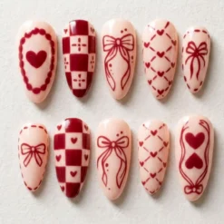 Sweetheart Bow Valentine Press On Nails | Heart Ribbon Romantic Nail Art | Red Gingham Love Nails | Cute Romantic Nail Set