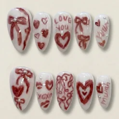 Love Letter Cute Press On Nails for Valentine Days | Handmade Sheer Pink Heart & Bow Fake Nails | Soft Valentine Stiletto Nail Art