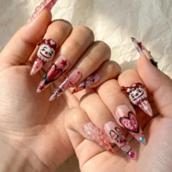 Alternative view of Valentine Clown Heart Press On Nails for Dark Romance Girls | Handmade Long Pink Chrome Fake Nails | Alternative Love Nail
