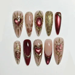 Burgundy Valentine Press On Nails for Romantic Woman | Red Wine Gold Nail for Date Nights | 3D Rose & Heart Nails for Girlfriends
