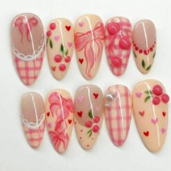 Cherry Cute Hearts Press On Nails for Valentine Days | Handmade Nude Pink Ribbon Fake Nails | Sweet Cherry Heart Nail Art