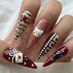 Alternative view of Sweet Cherry Valentine Press On Nails for Valentine Days | Handmade Pink Bow & Heart Fake Nails | Soft Nude Romantic Nail Art