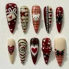 Dark red and cream stiletto press on nails with a 3D bow and envelope, gingham, a teddy bear and hearts