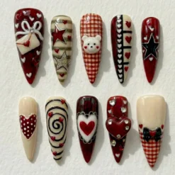 Sweet Cherry Valentine Press On Nails for Valentine Days | Handmade Pink Bow & Heart Fake Nails | Soft Nude Romantic Nail Art
