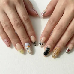 Alternative view of Cute Cat & Music Press On Nails for Cute Girls | Handmade Pastel Polka Dot Fake Nails | Silver Star Art Nail Set