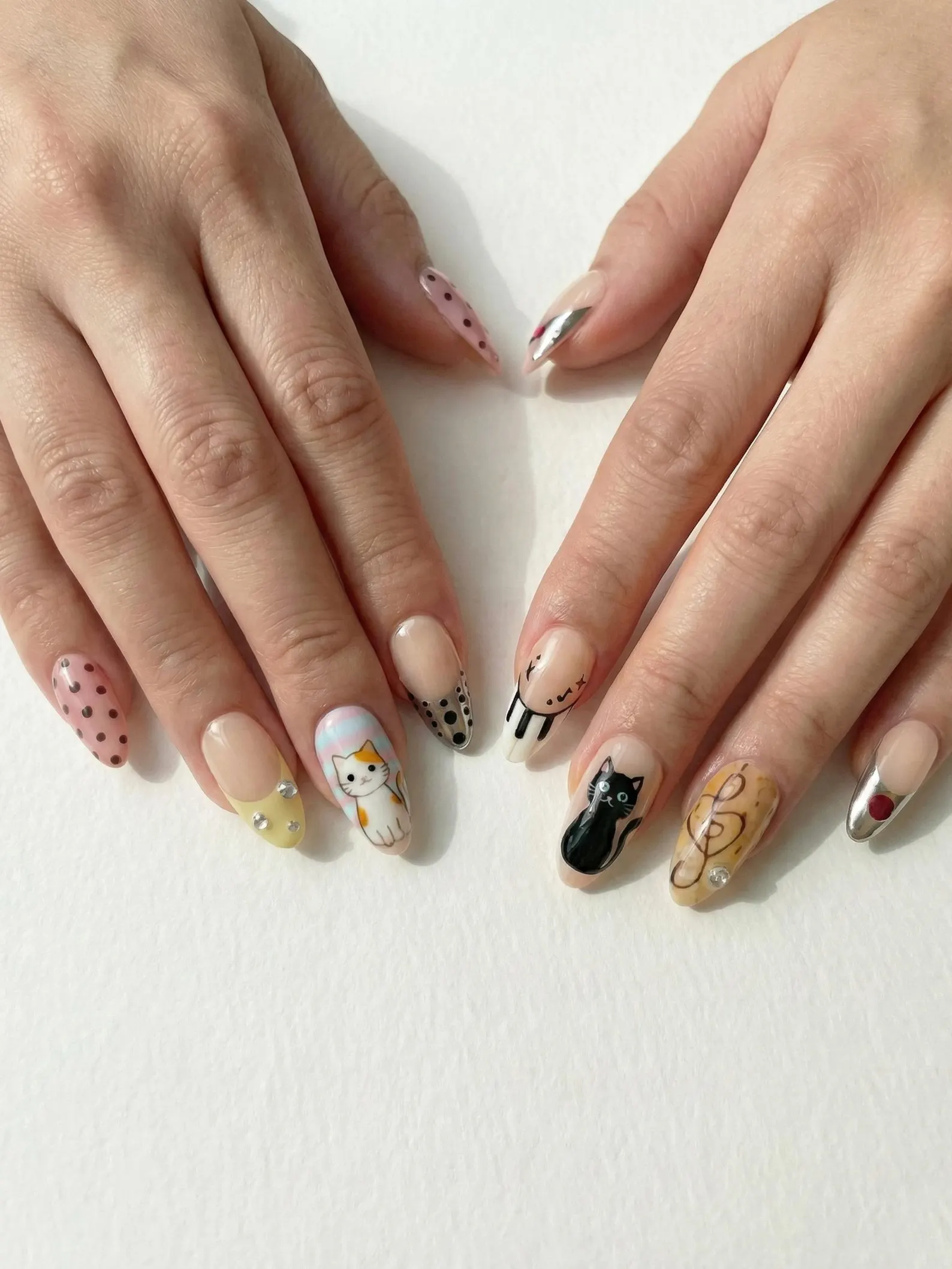 Cute Cat & Music Press On Nails for Cute Girls | Handmade Pastel Polka Dot Fake Nails | Silver Star Art Nail Set - Image 2