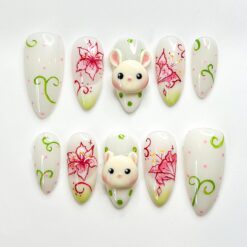 Cute Animal Press On Nails for Kawaii Lovers | Spring 3D Mouse Floral Nails | Soft Pastel Garden Nails | Whimsical Spring Nails