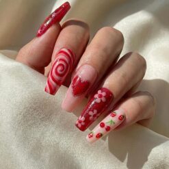 Alternative view of Cherry Candy Valentine Press On Nails for Girlfriends | Red Heart Swirl Nails for Teens & Kawaii Lovers | Cute Floral Nail for Girl