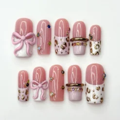 Blush Pink Leopard Press On Nails | 3D Bow Accent, Gold Detail