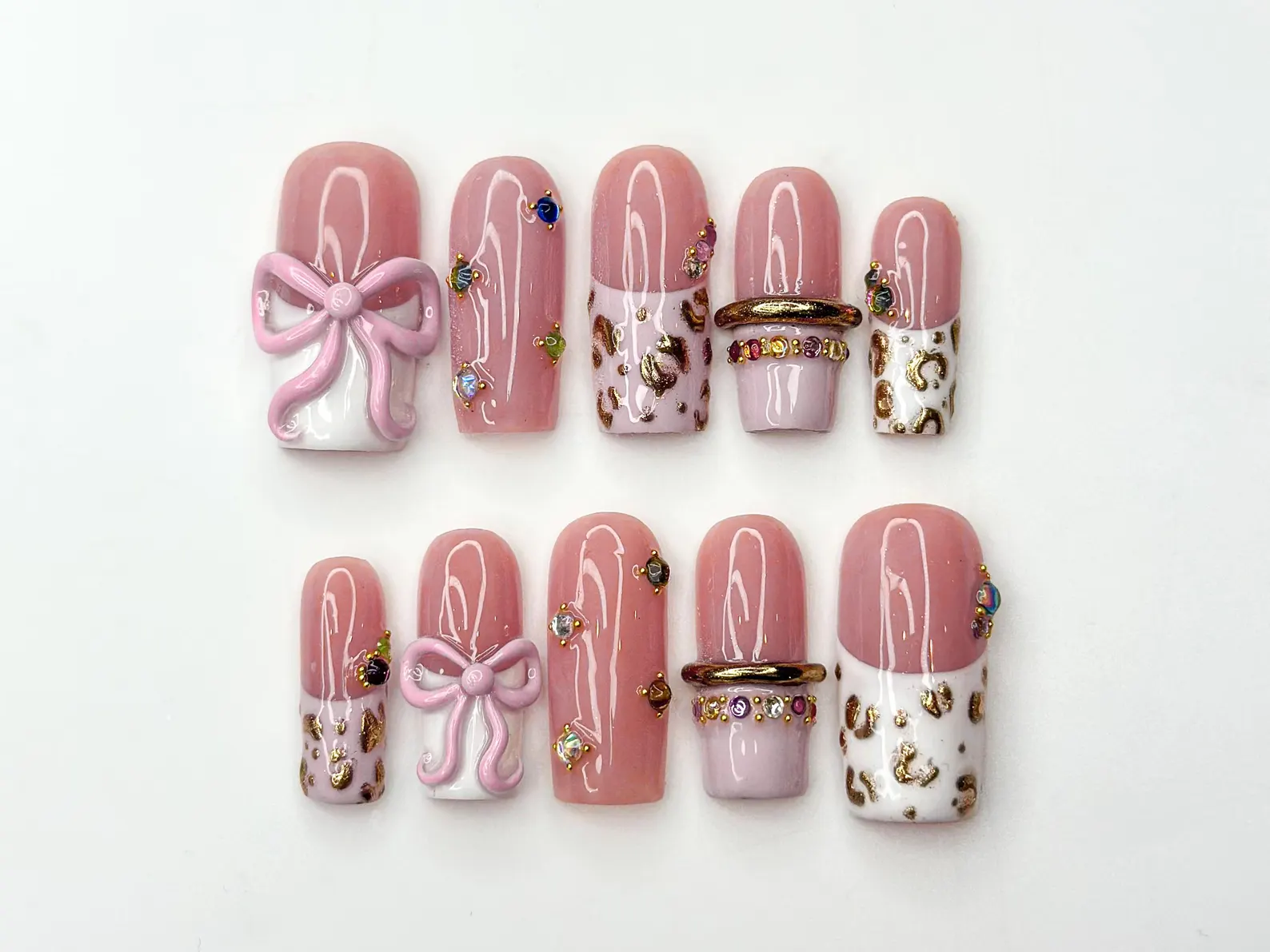 Blush Pink Leopard Press On Nails | 3D Bow Accent, Gold Detail