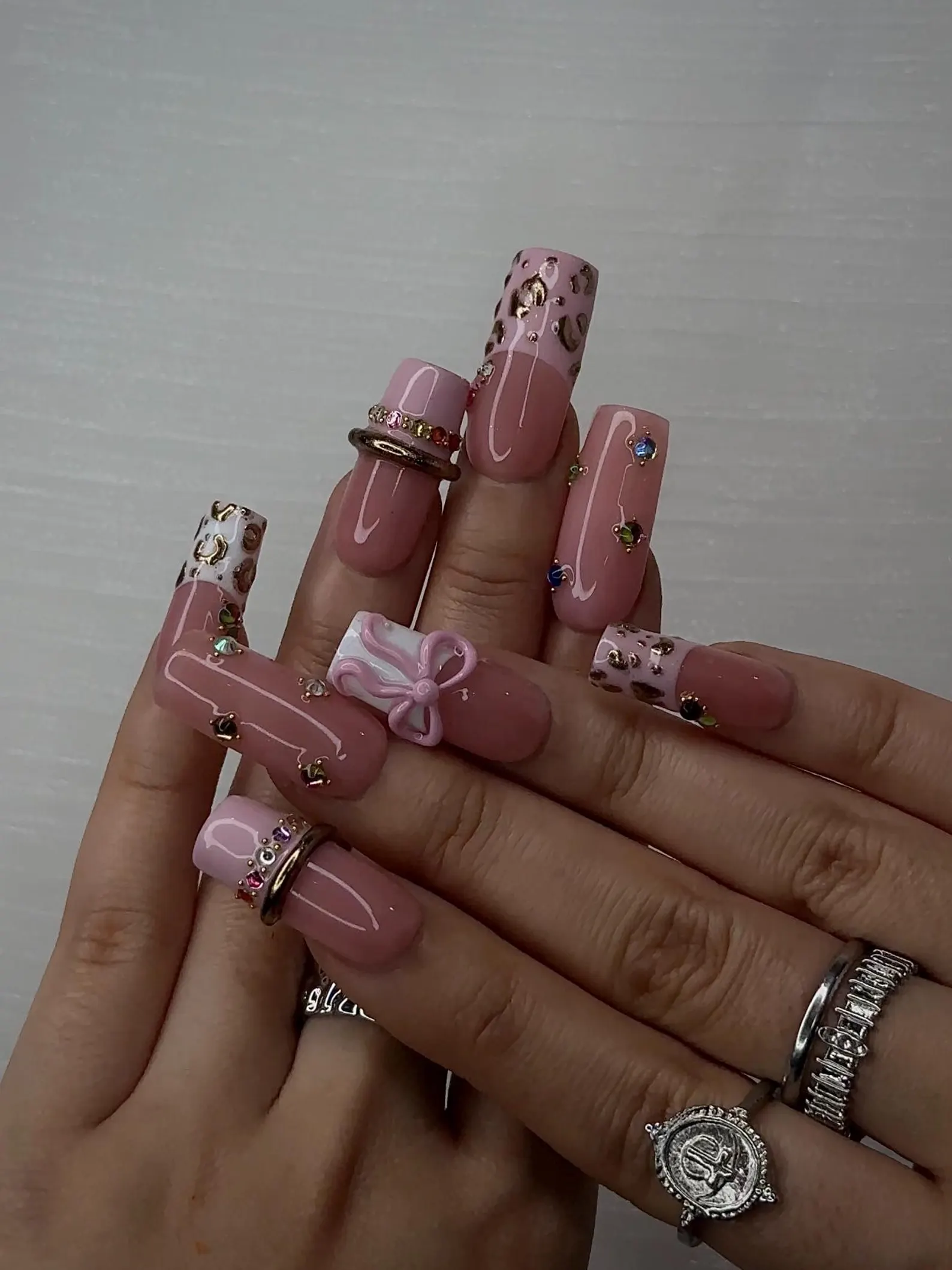 Blush Pink Leopard Press On Nails | 3D Bow Accent, Gold Detail - Image 3