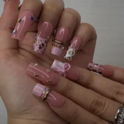 Alternative view of Blush Pink Leopard Press On Nails | 3D Bow Accent, Gold Detail
