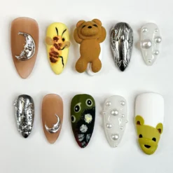 Cute Teddy Press On Nails | 3D Teddy Bear, Bee Nails | Handmade Animal Nail Art | Pearl & Chrome Accent Nails | Playful Press Ons