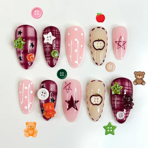 Burgundy plaid and pink almond press on nails with 3D buttons, small sculpted bears and painted apple halves