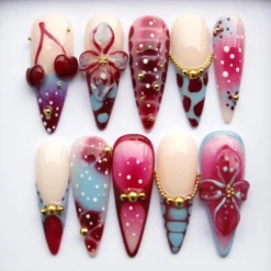 Coquette Burgundy Bow Nails - Chrome Red 3D Texture, Red Lips Valentine's Day Nail V359