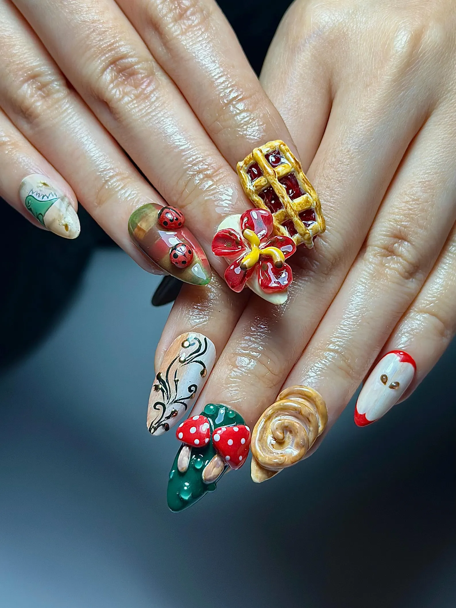 Melancholic Cartoon Press On Nails | Cottagecore Nail Art | Mushroom & Dessert Nails | Fantasy Character Nails | Artistic Press Ons - Image 3