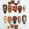 Almond press on nails with a sculpted 3D cherry pie, cinnamon roll, mushrooms, ladybugs and a painted cartoon child