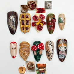 Melancholic Cartoon Press On Nails | Cottagecore Nail Art | Mushroom & Dessert Nails | Fantasy Character Nails | Artistic Press Ons