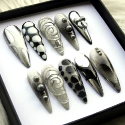 Alternative view of Luxury Metallic Silver & Black Press Ons - Hand Painted 3D Textures, Goth Star Nails