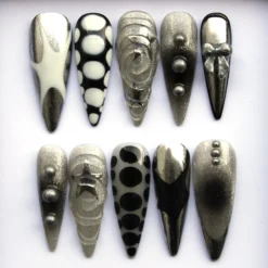 Luxury Metallic Silver & Black Press Ons - Hand Painted 3D Textures, Goth Star Nails